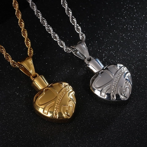 Heart Cremation Urn Necklace Stainless Steel Memorial Pendant For Ashes Relief Pattern Retro Hip Hop Jewelry For Men Women