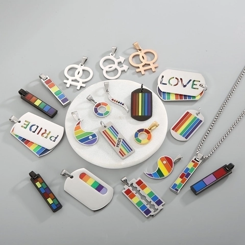 Rainbow Pride Pendant Necklace Stainless Steel Enamel Jewelry Unisex Colorful LGBTQ Dog Tag Love Lettering Accessory