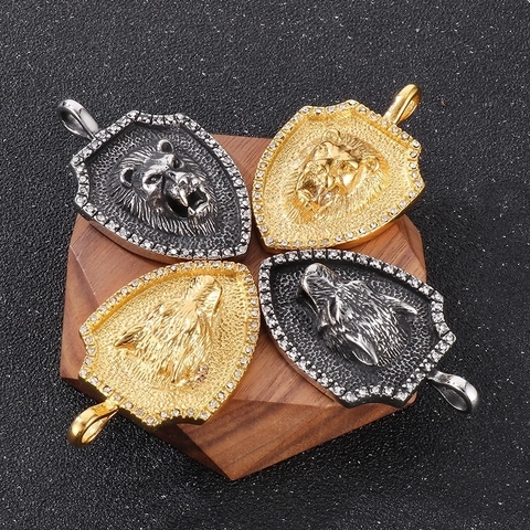 Men Stainless Steel Lion Wolf Head Shield Pendant Necklace With Rhinestones Hip Hop Punk Rock Jewelry