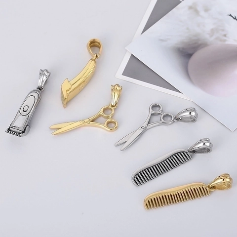 Stainless Steel Barber Tools Pendant Necklace Comb Clipper Scissors Hip Hop Punk Creative Jewelry Men Women