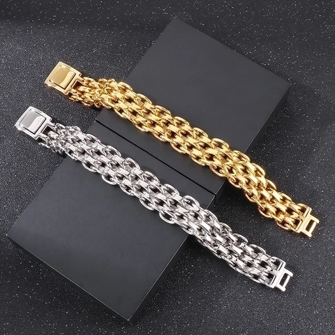 Pulsera Hombre Acero Inoxidable 316L Triple Capa Cadena O Estilo Punk Industrial Cierre Cuadrado Joyería Hip Hop Accesorio