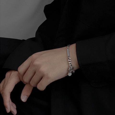 Minimalistische Cubaanse Schakelarmband Roestvrij Staal Rechthoekig Identiteitsplaatje Ronde Hanger Geometrische Sieraden