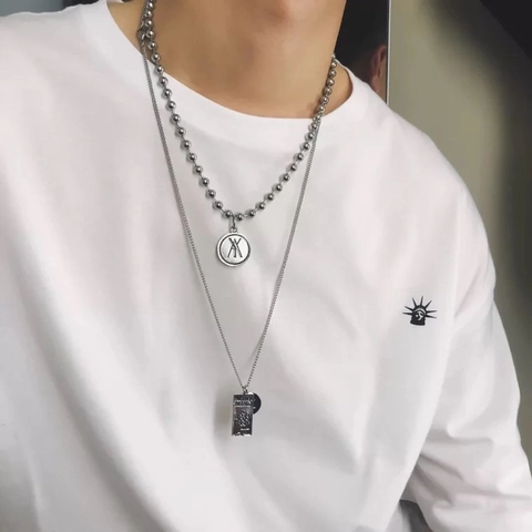 Retro Layered Titanium Steel Pendant Necklace Round Coin Square Plate Punk Hip Hop Style Jewelry Unisex