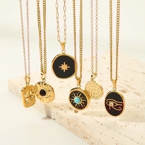 Vintage Stainless Steel Round Pendant Necklace PVD Gold Plated Hexagram Eye Of Horus Turquoise Jewelry For Women