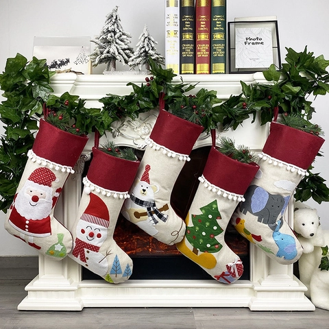 Christmas Stockings Burlap Linen Gift Bags With Embroidered Applique For Holiday Fireplace Hanging Decor Santa Snowman
