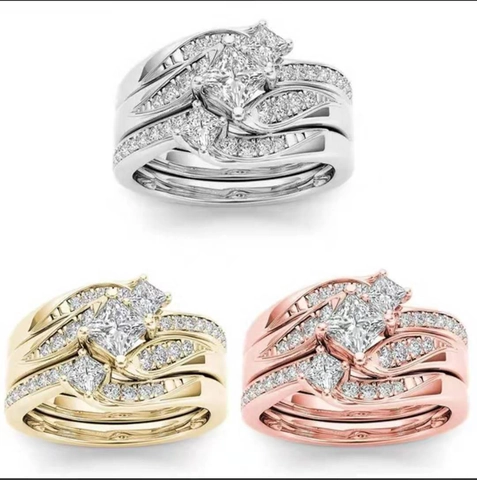 Princess Cut Cubic Zirconia Bridal Rings Alloy Gold Plated Twisted Band Engagement Wedding Jewelry For Women
