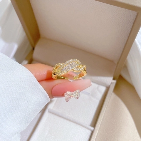 Geflochtener Ring Messing Vergoldet Klarer Rechteckiger Zirkonia Offen Verstellbar Eleganter Schmuck Für Damen