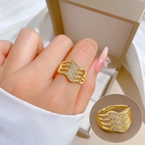 Brass Multi Layered Wave Adjustable Ring Gold Plated Hollow Out Cubic Zirconia Jewelry For Women Elegant Finger Accessory