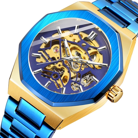Skeleton Automatic Mechanical Watch Men Octagonal Bezel Luminous Luxury Business Wristwatch Alloy Strap Transparent Back