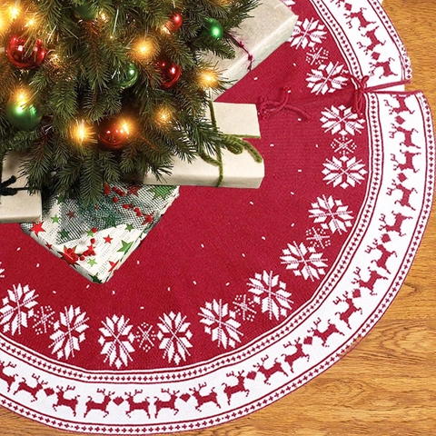 Falda De Árbol De Navidad Tejida Patrón Reno Copo De Nieve Rojo Blanco Alfombra Base Árbol Decoración