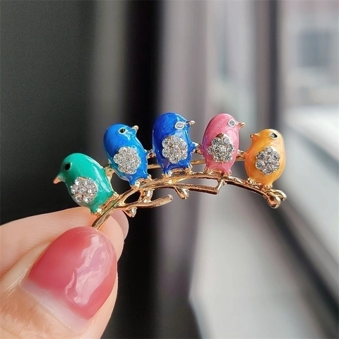 Broche Oiseaux Sur Branche Alliage Émail Strass Coloré Épingle Animale Bijoux Pour Femmes Boucle De Foulard