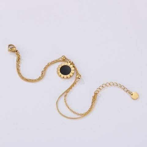 Pulsera De Doble Capa De Acero Inoxidable Colgante De Girasol Cadena De Serpiente Y Cuentas Joyería Ajustable Mujer