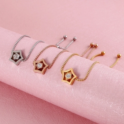 Minimalist Star Pendant Bracelet Stainless Steel Zircon Inlaid Adjustable Pull String Box Chain Jewelry For Women