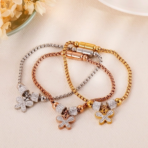Butterfly Pendant Bracelet Stainless Steel Zircon Rhinestone Inlaid Box Chain Magnetic Clasp Elegant Jewelry For Women