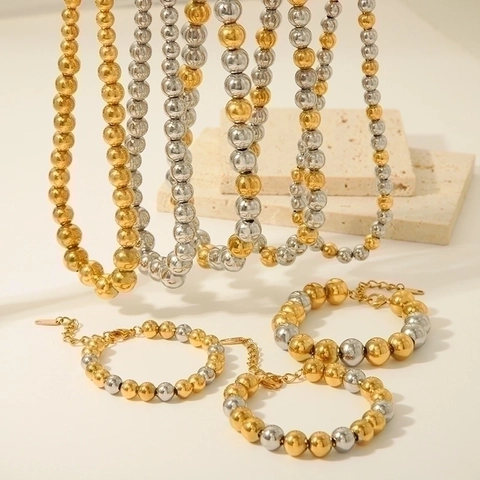 Polished Round Bead Necklace 304 Stainless Steel PVD Gold Plated Non Fading Waterproof Hypoallergenic Jewelry Women