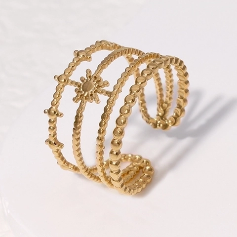 Edelstahl Ring Mehrlagig Perlen Sun Starburst Verstellbar Offener Fingerring Bohemian Style Schmuck Für Damen