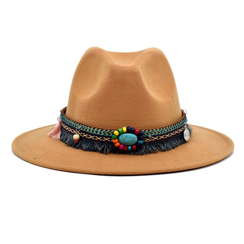 Bohemian Fedora Hat Woolen Felt Ethnic Turquoise Tassels Wide Brim Western Cowboy Jazz Hat For Women Men Decorative