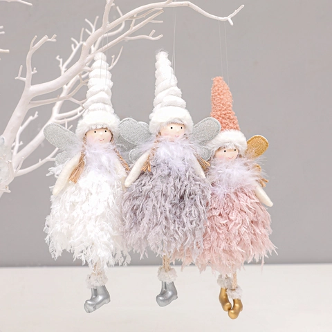 Christmas Angel Doll Hanging Pendants Plush Feather Knit Fabric With Glitter Wings For Holiday Tree Home Decor Cute