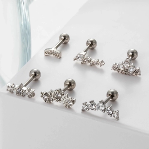 Stainless Steel Ear Cartilage Stud Zircon Inlaid Heart Star Crown Piercing Earring Screw Ball Back Simple Jewelry