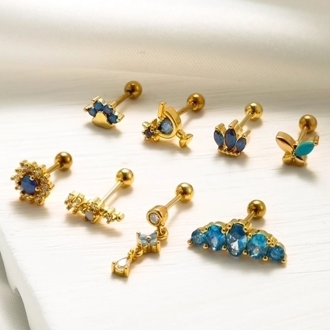 Blauwe Zirkoon Bloem Vlinder Kroon Kraakbeen Piercing Stud Roestvrij Staal Schroefsluiting Oorbel Mode-Sieraden