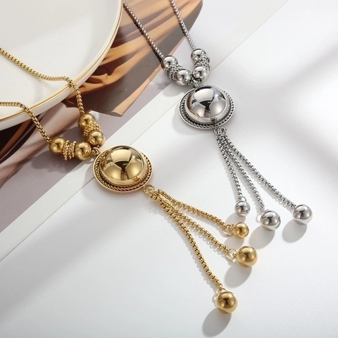 Collana A Catena Lunga In Acciaio Inossidabile Vintage Con Pendente A Mezza Sfera E Nappina In Metallo Multifilo Donna