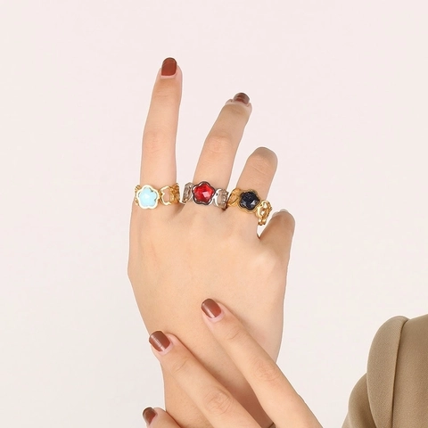 Hollow Flower Rings Stainless Steel Geometric Petal Elegant Jewelry Accessories For Women Gold Plated Blue Stone