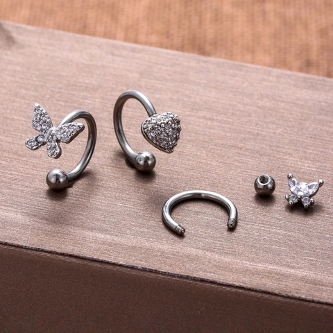 C Shaped Tragus Earring Cartilage Piercing Jewelry Stainless Steel Copper Zircon Inlaid Butterfly Heart Bee Flower Lip Ring