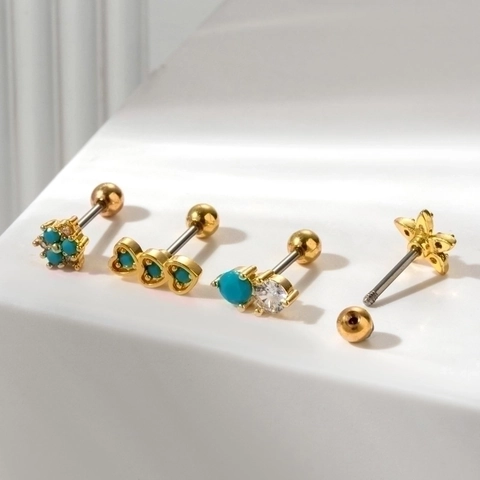 Stainless Steel Turquoise Cartilage Stud Earrings Double Head Screw Back Zircon Piercing Jewelry For Women