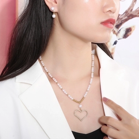Conjunto Collar Y Pendientes Perla Artificial Acero Inoxidable Corazón Hueco Joyería Elegante Para Mujer