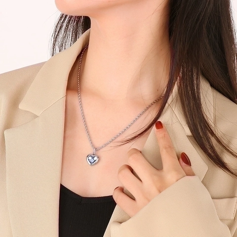 Heart Pendant Necklace Stainless Steel Multi Faceted Glass Crystal Elegant Jewelry For Women Fashion Accessory Gift