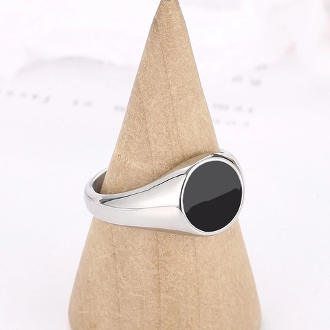 Bague Chevalière Minimaliste Acier Inoxydable Émail Noir Face Plate Ronde Poli Miroir Bijoux Punk Géométriques