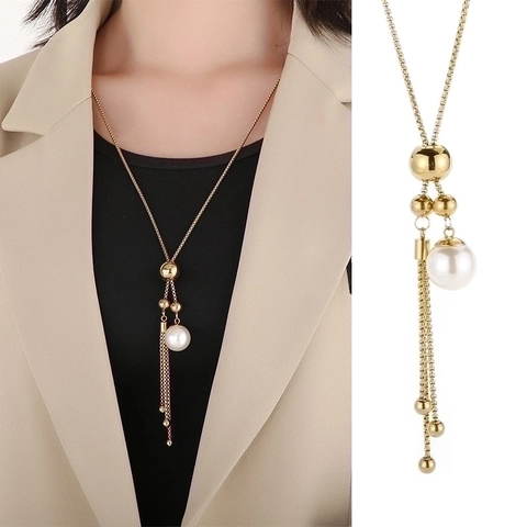 Edelstahl Lange Quasten Halskette Für Damen Mit Kunstperle Elegante Verstelbare Pulloverkette Minimalistischer Schmuck