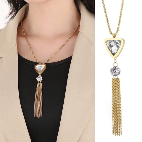 Long Tassel Necklace Stainless Steel Zircon Crystal Geometric Pendant Elegant Clavicle Sweater Chain For Women