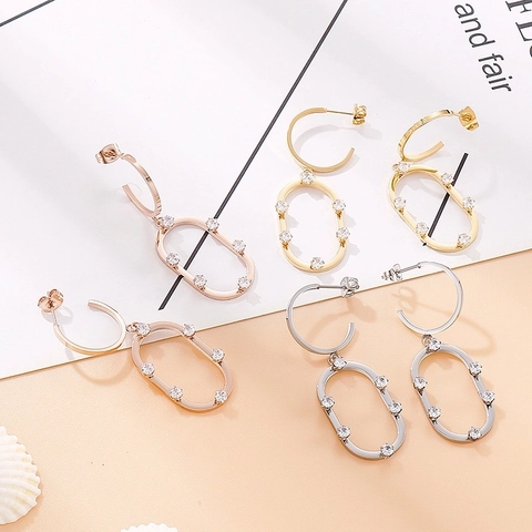 Elegantes Pendientes De Aro Ovalados De Acero Inoxidable Con Circón Brillante Joyería Geométrica Hueca Para Mujer