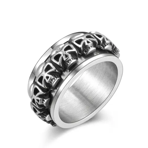 Skull Spinner Ring Stainless Steel Rotatable Continuous Relief Gothic Punk Hip Hop Vintage Retro Jewelry Unisex