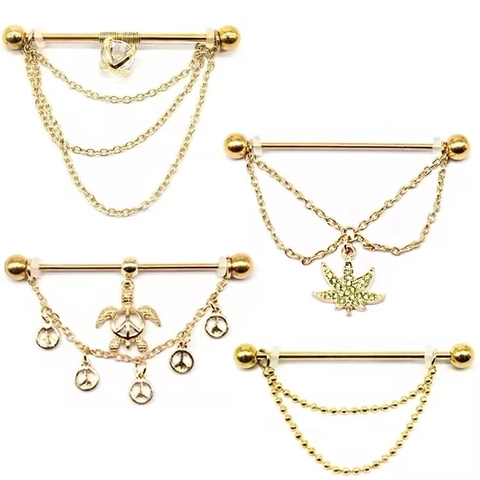 Industrial Barbell Earring Gold Plated Copper Heart Zircon Three Layer Chain Stainless Steel Earring Post Body Piercing
