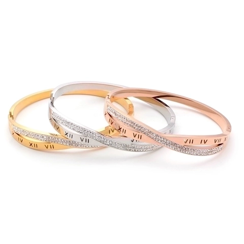 Überkreuztes Armreif Armband Edelstahl Römische Ziffern Mikro Pave Zirkonia Nicht Verblassender Modeschmuck Für Damen
