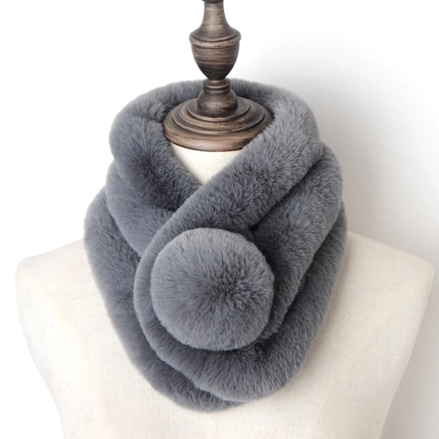 Sciarpa In Pelliccia Sintetica Donna Inverno Ispessita Calda Peluche Scaldacollo Pompon Incrociato Imitazione Coniglio Rex