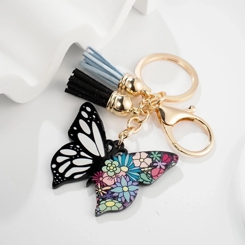 Fashion Butterfly Pendant Keychain With Tassels Creative Dual Color Printing Metal Key Ring For Bag Car Keyring Accessory