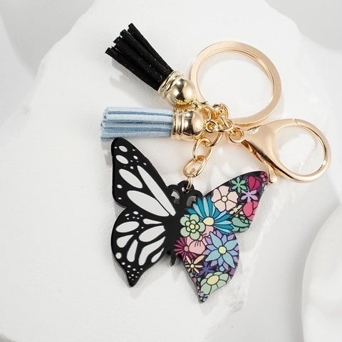 Fashion Butterfly Pendant Keychain With Tassels Creative Dual Color Printing Metal Key Ring For Bag Car Keyring Accessory