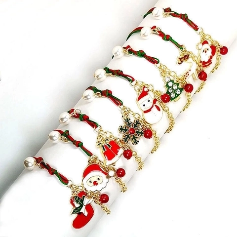 Christmas Alloy Charms Bracelet Women Men Red Green Braided Gold Chain Santa Snowman Elk Snowflake Rhinestone Artificial Pearl