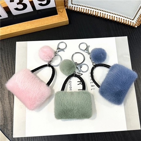 Simpatico Portachiavi a Mini Borsa in Peluche Colorato Ciondolo per Borsa a Pompon in Pelliccia Sintetica Catena per Chiavi Auto Donna