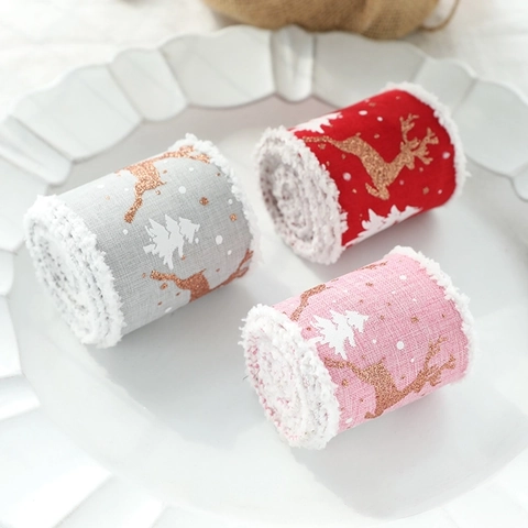 Cinta De Navidad Patrón Reno Árbol Borde Felpa Tela Efecto Lino Para Envolver Regalos Decoración DIY