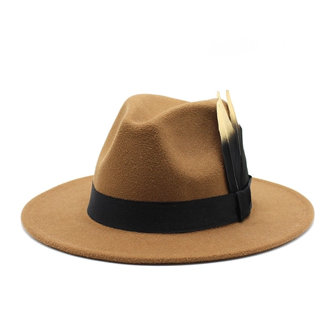 Chapeau Fedora Classique Vintage Feutre De Laine Large Bord Avec Décoration De Plume Ruban Style Britannique Hommes Femmes