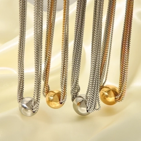 Multi Layer Halskette Edelstahl Spiegelpoliert Rund Kugel Anhänger Punk Hip Hop Schmuck Für Damen Verstellbare Kette