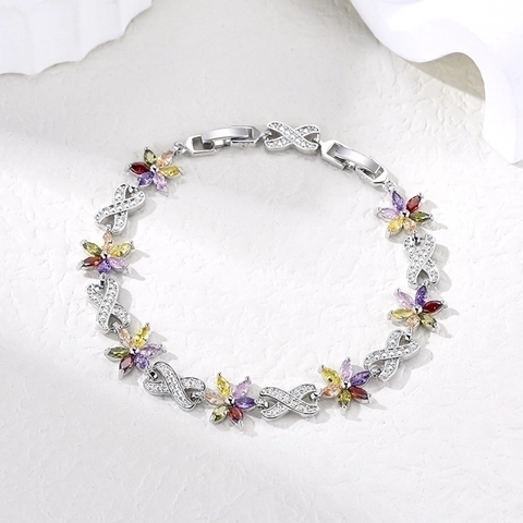 Elegante Pulsera de Flores de Circonia para Mujer Moda Floral Colorida Latón Piedras Incrustadas Pulsera de Eslabones Ajustable