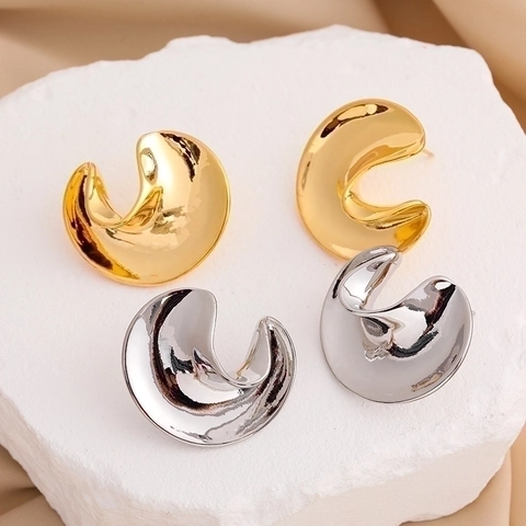 Geometric 18K Gold Plated Brass Hoop Earrings With 925 Sterling Silver Earring Post High Polish Minimalist Organic Curves