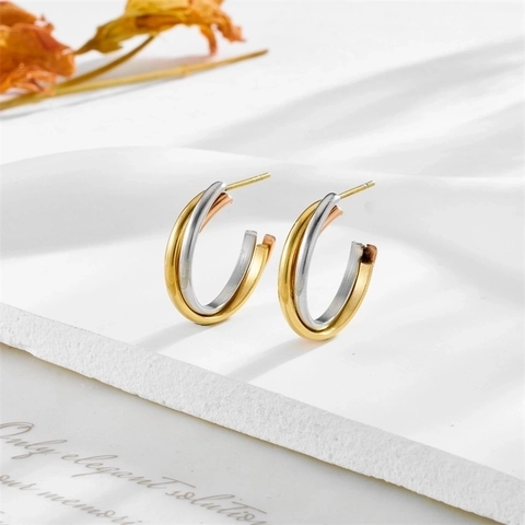 Pendientes De Aro Entrelazados Tricolores De Acero Inoxidable Geométricos En Forma De C Joyería De Moda Para Mujeres