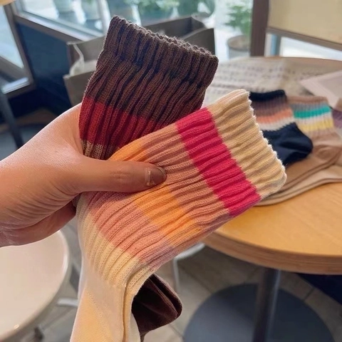 Women Mid-Calf Crew Socks Retro Colorful Stripes Cotton Blend Knitted Ribbed Cuff Soft Breathable Casual