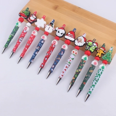 Stylo Bille À Perles De Noël Silicone Dessin Animé Père Noël Bonhomme De Neige Flocon De Neige Perles Décoratives Papeterie Cadeau